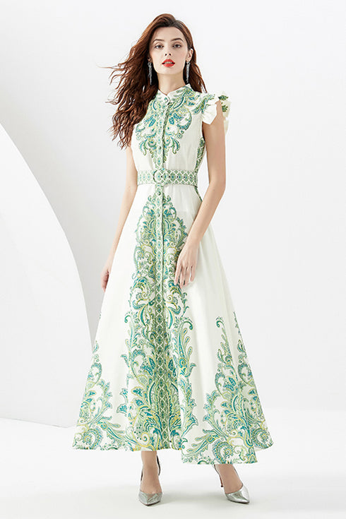 Elegant Autumn Captivating Paisley Pattern Stand-Up Collar, Belted, High Waist, A-line Split Women's Party, Festive Maxi Dress